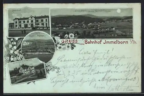 Mondschein-Lithographie Immelborn i. Th., Bahnhof, Sporen- und Schnallenfabrik von Deubach und Stoetzer
