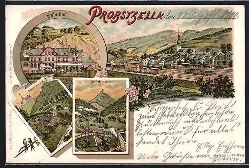 Lithographie Probstzella, Bahnhof, Ortsansicht mit Bahnhof, Falkenstein