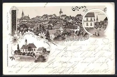 Lithographie Hollfeld, St. Salvator-Kirche, Unterer Marktplatz, Ortsansicht