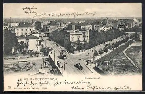 AK Leipzig-Eutritzsch, T-Kreuzung mit Kutsche und Strassenbahn