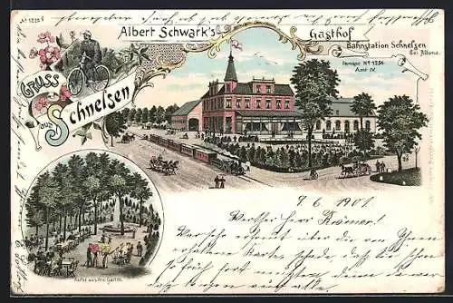 Lithographie Hamburg-Schnelsen, Albert Schwark`s Gasthof mit Eisenbahn und Garten
