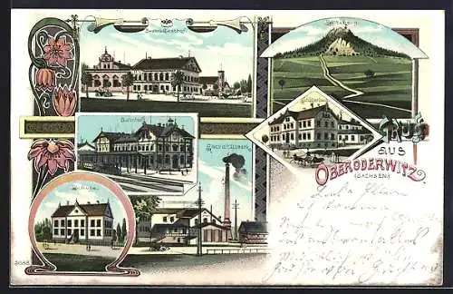Lithographie Oberoderwitz /Sachsen, Bahnhof, Zwahr`s Gasthof, Schule, Electricitätswerk und Schützenhaus