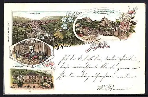 Lithographie Idar, Gerwerbehalle, Inneres einer Achatschleife, Schlossruine und Felsenkirche in Oberstein