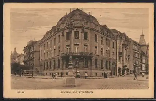 AK Gera, Adelheid- und Schlossstrasse mit Geschäften