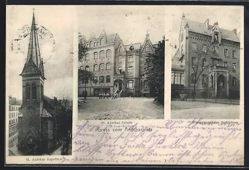 AK Hamburg-Neustadt, Anscharplatz, St. Anschar-Kapelle, Schule u. Diaconissenheim