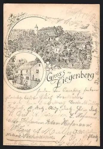 Lithographie Ziegenberg, Gasthaus Joh. Mörkel und Blick auf den Ort