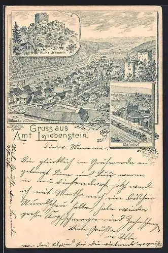 Lithographie Liebenstein / Thür., Bahnhof, Ruine Liebenstein und Blick über den Ort