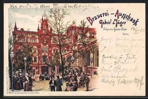 Lithographie Berlin, Gasthaus-Brauerei-Ausschank Gabriel & Jäger v. G. Kloss, Zehdenicker Strasse 10