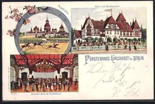 Lithographie Berlin-Karlshorst, Hotel und Restaurant Fürstenhaus Karlshorst, Rennbahn