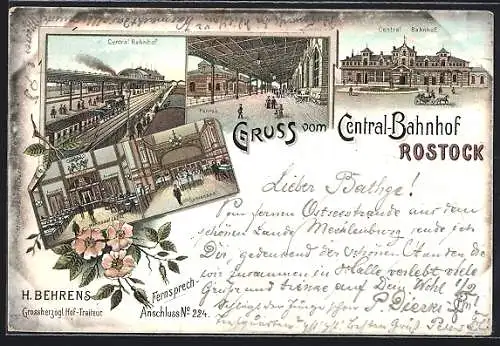 Lithographie Rostock, Central Bahnhof, Perron, Speisesaal