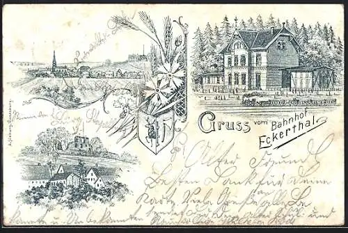 Lithographie Eckerthal, Bahnhof, Wappen und Blick über den Ort