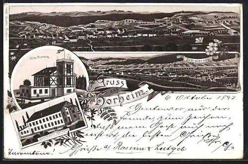 Lithographie Horheim, Zwirnerei, Villa Dorneck, Totalansicht, Ansicht von Schwerzen