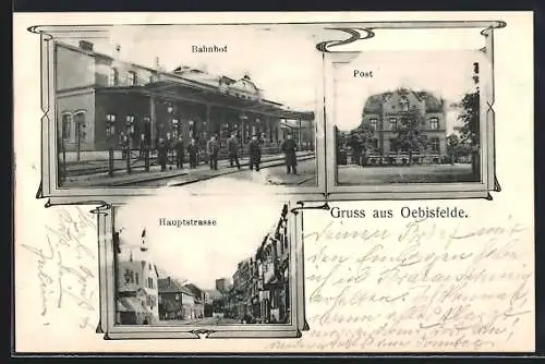 AK Oebisfelde, Bahnhof, Post und Haupstrasse