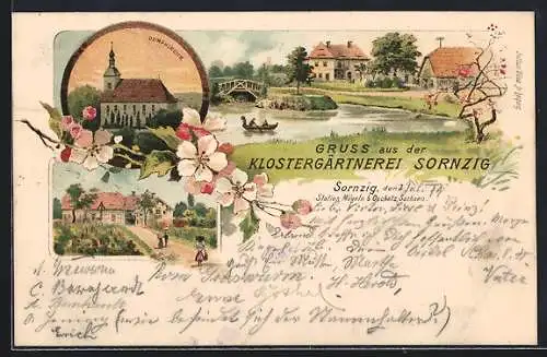Lithographie Sornzig, Dorfkirche, Flusspartie mit Boot, Klostergärtnerei und Dorfkirche