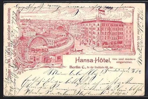 Lithographie Berlin, Hansa Hotel mit Bahnhof Alexanderplatz