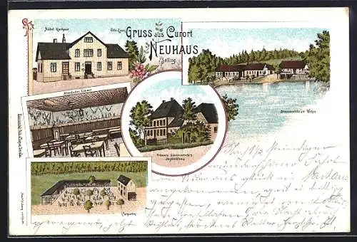 Lithographie Neuhaus /Solling, Hotel von Otto Ziem, Strassenbild am Weiher