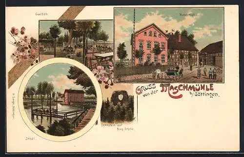 Lithographie Göttingen, Gasthaus Maschmühle, Denkstein auf Burg Grona, Insel