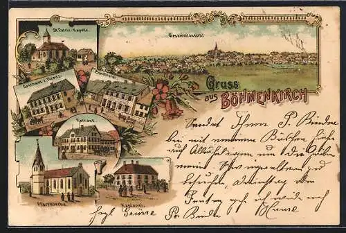 Lithographie Böhmenkirch, Gasthaus z. Kreuz, Conditorei, St. Patrix Kapelle, Rathaus