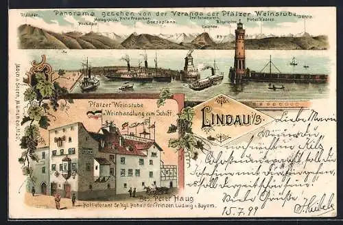 Lithographie Lindau i. B., Gasthaus Pfälzer Weinstube u. Weinhandlung zum Schiff, Bes. Peter Haug, Hafenpanorama