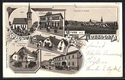 Lithographie Nussdorf / Chiemgau, Gasthaus zum Deutschen Haus, Brauerei Hess, Postexpedition, Schule u. Gemeindehaus