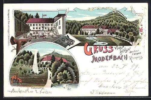 Lithographie Burrweiler, Gasthaus - Kurhaus Hofgut Modenbacher Hof von J. Meyer