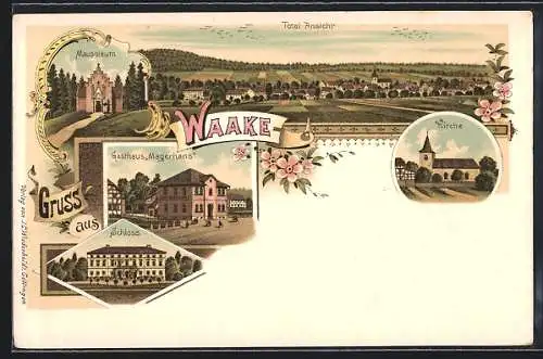 Lithographie Waake, Gasthaus Magerhans, Schloss, Mausoleum, Kirche