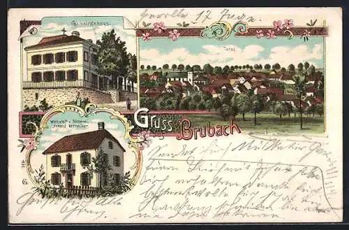 Lithographie Brubach, Geschäft u. Bäckerei Armand Uettwiller, Gemeindehaus und Totalansicht