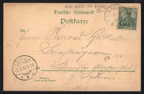 Lithographie Brubach, Geschäft u. Bäckerei Armand Uettwiller, Gemeindehaus und Totalansicht