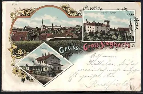Lithographie Gross-Siegharts, Bahnhof, Schloss und Kirche
