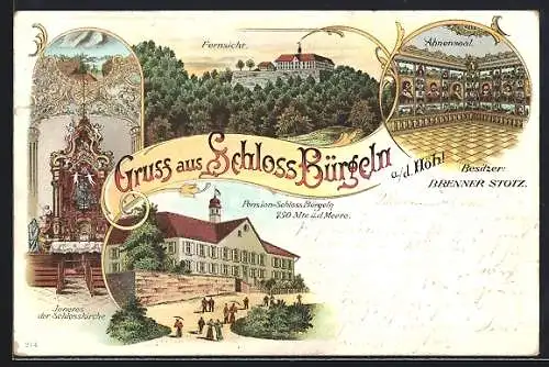 Lithographie Schliengen, Schloss Bürgeln, Fernsicht, Ahnensaal und Inneres der Schlosskirche