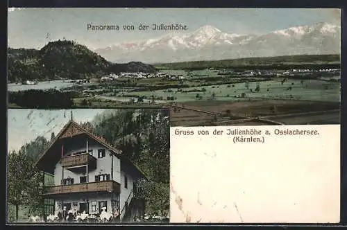 AK Treffen am Ossiacher See, Gasthaus Julienhöhe, Ortsansicht aus der Vogelschau