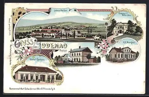 Lithographie Judenau, Färber`s Gasthaus, Bahnhof und K. k. Post-Amt, Eingang zum Waisen-Haus