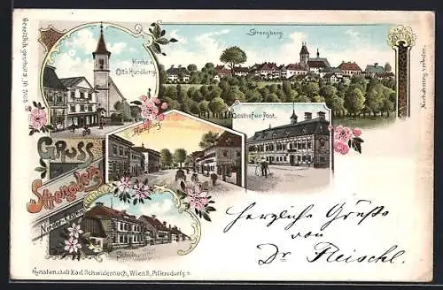Lithographie Strengberg /Nieder-Österr., Gasthof zur Post, Kirche und Ott`s Handlung, Marktplatz