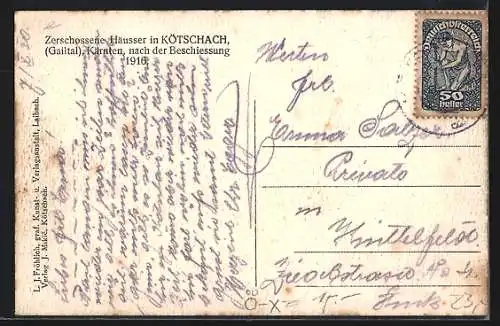 AK Kötschach /Gailtal, Zerschossene Häuser nach der Beschiessung 1916