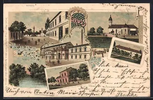 Lithographie Trumau, Fabrik, Hauptplatz, Bahnhof