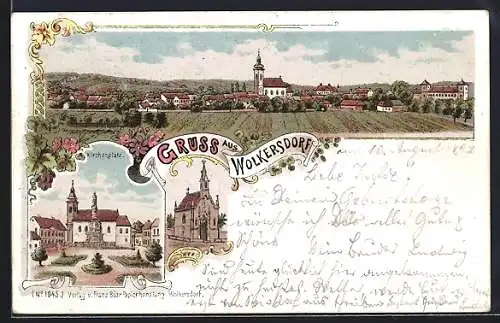Lithographie Wolkersdorf im Weinviertel, Kirchenplatz, Kapelle und Totalansicht