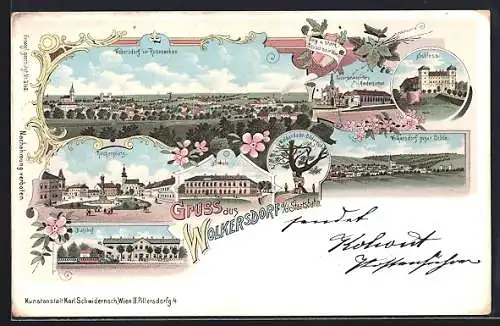 Lithographie Wolkersdorf /Staatsbahn, Blick von Rosenecken, Kirchenplatz, Lourdeskapelle, Schule