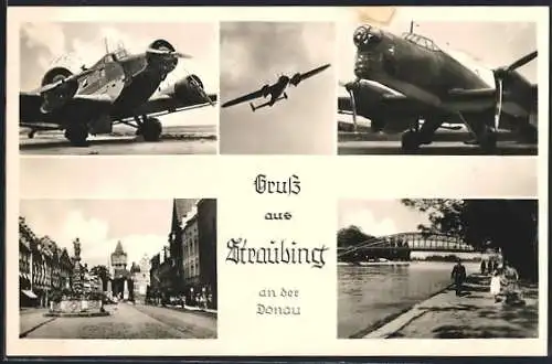 AK Straubing an der Donau, Fliegerhorst mit Flugzeugen, Strassenpartie