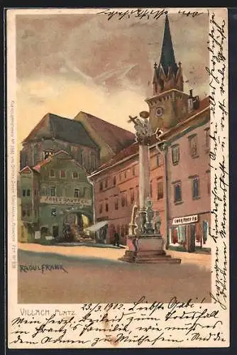 Künstler-AK Raoul Frank: Villach, Platz, Geschäft Josef Rautter