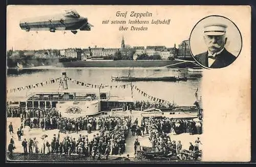 AK Dresden, Graf Zeppelin mit seinem lenkbaren Luftschiff