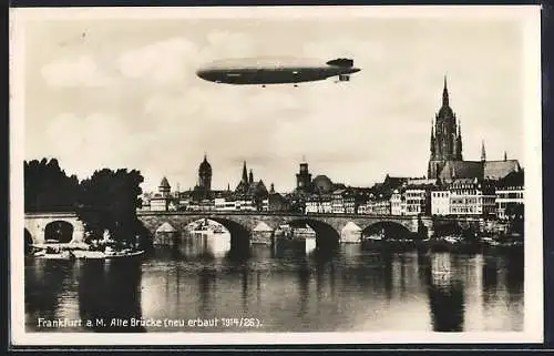 AK Frankfurt a. M., Zeppelin über der Alten Brücke