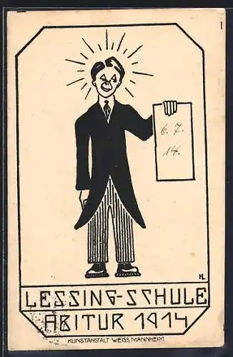 Künstler-AK Mannheim, Abitur der Lessingschule 1914, Schüler mit Zeugnis, Absolvia
