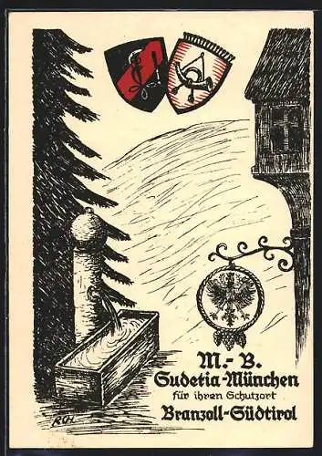 Künstler-AK Branzoll /Südtirol, M.-B. Sudetia-München, Studentenwappen, Brunnen und Gaststätte