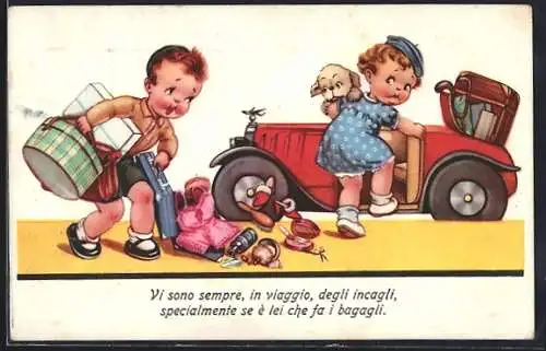 AK Kinder steigen mit Gepäck in ein Auto