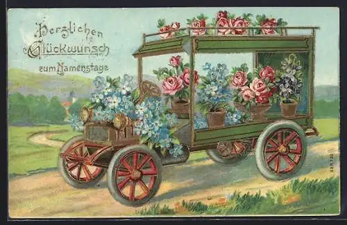 AK Auto mit Blumen