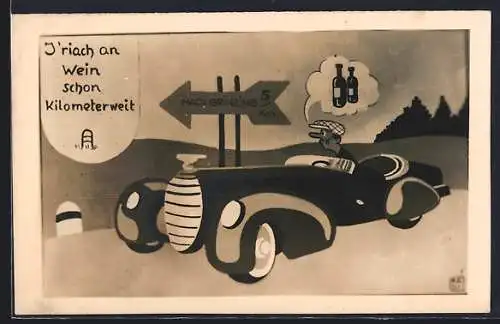 AK Mann fährt im Auto nach Grinzing