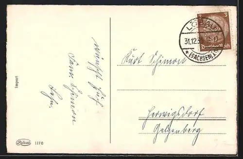 AK Paar mit Hufeisen, Auto auf verschneiter Strasse