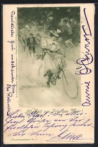 AK Junge Dame auf dem Fahrrad
