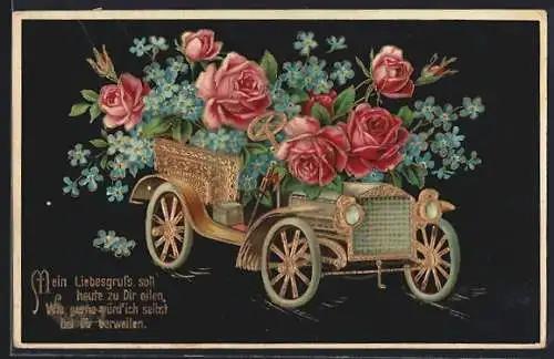 AK Auto mit Blumen