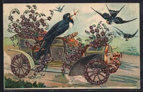 AK Auto mit Schwalben und Blumen